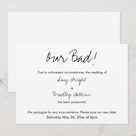 "Onze slechte" humoristische uitgestelde huwelijks Kaart (Voorkant / Achterkant)