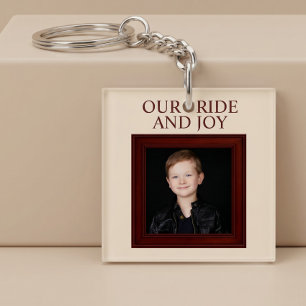 Onze trots en vreugde gepersonaliseerde kinderfoto sleutelhanger