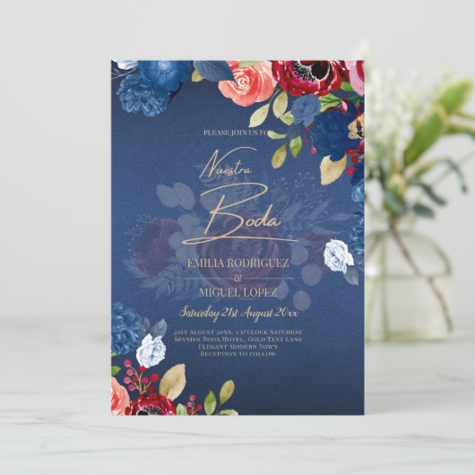 ONZE TROUW Burgundy Blauwe Bloem Bruiloft UITNODIG Kaart (Staand voorkant)