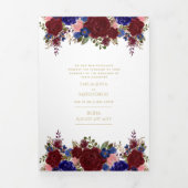 Onze Trouw Burgundy Blauwe Bloemachtige Trouw Uitn Drieluik Uitnodiging (Cover)