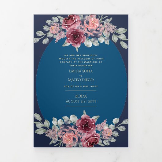 Onze Trouw Burgundy Blauwe Bloemachtige Trouw Uitn Drieluik Uitnodiging (Cover)