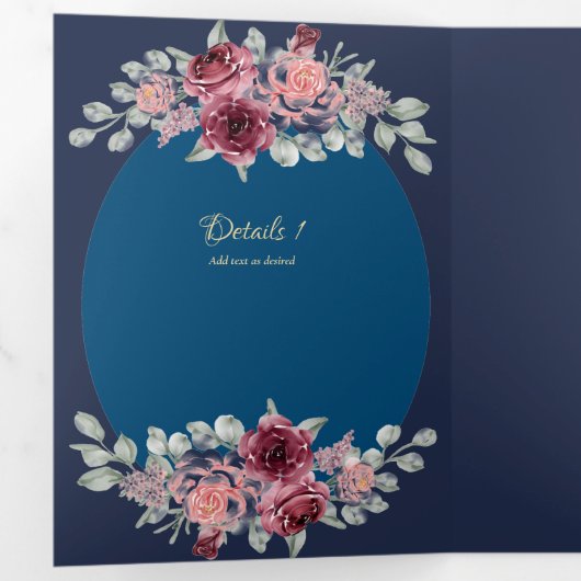 Onze Trouw Burgundy Blauwe Bloemachtige Trouw Uitn Drieluik Uitnodiging (Binnenzijde eerst)