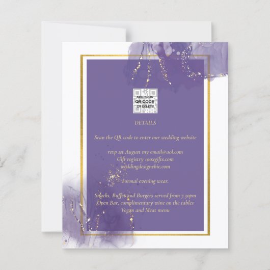 ONZE TROUW UITNODIGING PAARS GOUD Bruiloft Lavende (Achterkant)