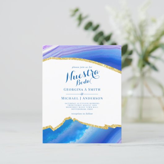 Onze Trouwdag AGATE Goud Spaanse Trouw Uitnodiging (Staand voorkant)