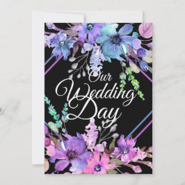 Onze trouwdag bloeit Paarse witte typografie Kaart