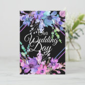 Onze trouwdag bloeit Paarse witte typografie Kaart (Staand voorkant)