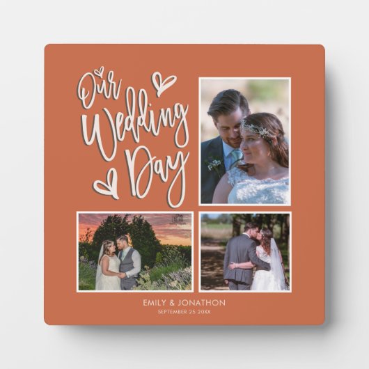 Onze trouwdag collage 3 Foto script Terracotta Fotoplaat (Voorkant)