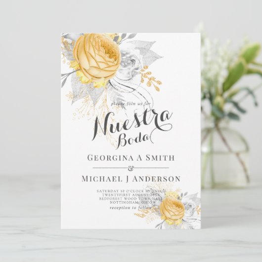 Onze Trouwdag Goud Witte Rozen Zilveren Bladeren M Kaart (Staand voorkant)