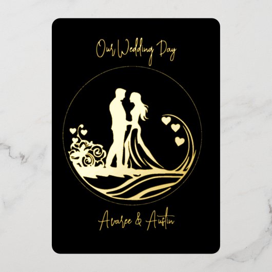 Onze trouwdag paar gouden folie uitnodiging (Voorkant)