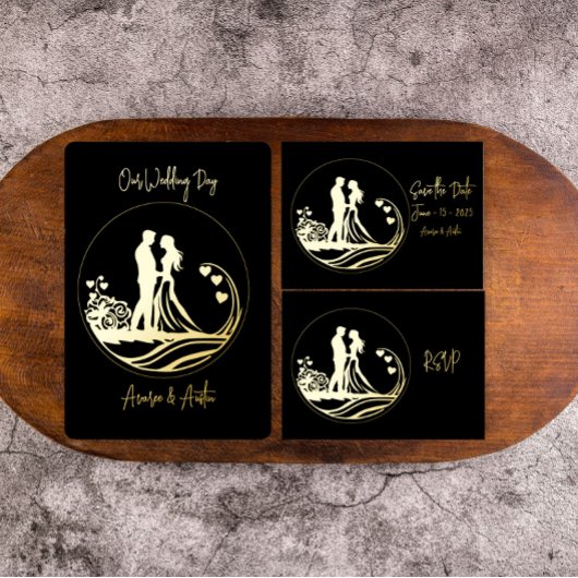 Onze trouwdag paar gouden folie uitnodiging