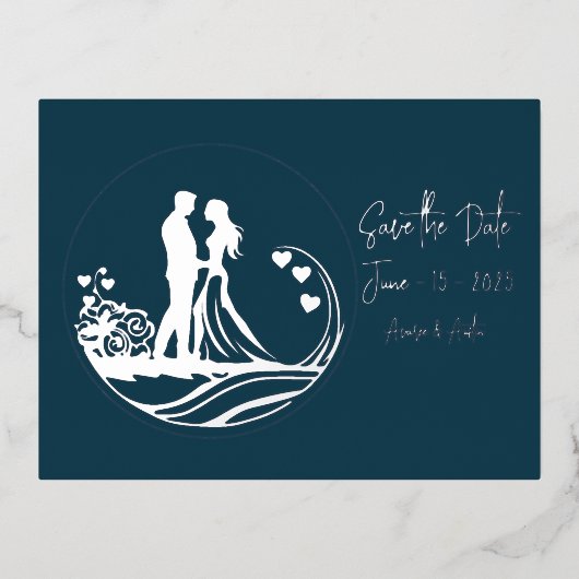 Onze trouwdag paar zilveren folie Save the Date Folie Uitnodiging Briefkaart (Voorkant)
