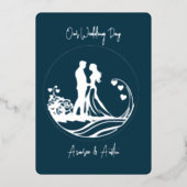 Onze trouwdag paar zilveren folie uitnodiging (Voorkant)