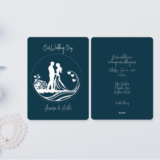 Onze trouwdag paar zilveren folie uitnodiging