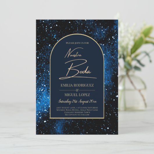 ONZE TROUWdag Starnacht Navyblauw Goud UITNODIGING (Staand voorkant)