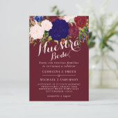 Onze Trouwdag Uitnodiging Burgundy Blauw Roze Bloe (Staand voorkant)