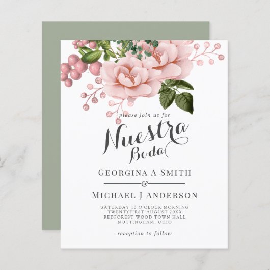 Onze Trouwdag Uitnodiging - Roze Rozen Boeket (Voorkant / Achterkant)