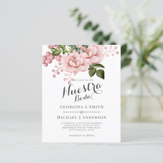 Onze Trouwdag Uitnodiging - Roze Rozen Boeket (Staand voorkant)