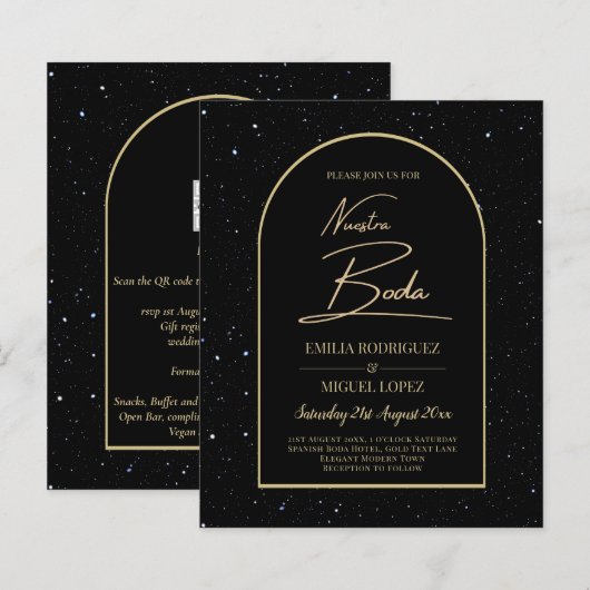ONZE TROUWDAYSUITNODIGING BLACK GOLD Starry Night (Voorkant / Achterkant)