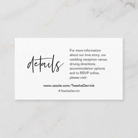 Onze trouwgegevens, Moderne kalligrafie Informatiekaartje (Voorkant)