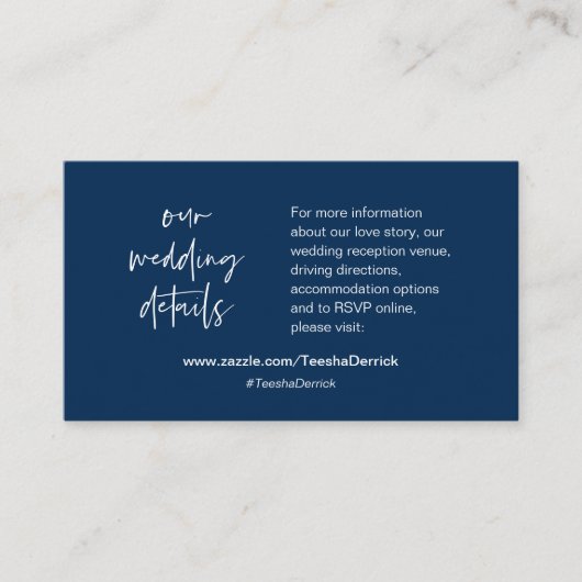 Onze trouwgegevens, website, RSVP, Navy Blue Informatiekaartje (Voorkant)