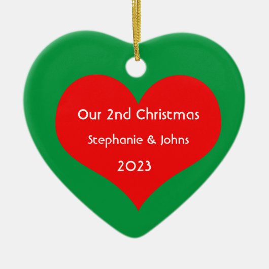 Onze tweede kerst samen Schattige Rode Hart 2023 Keramisch Ornament (Voorkant)