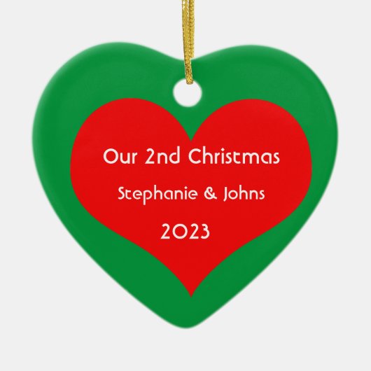 Onze tweede kerst samen Schattige Rode Hart 2023 Keramisch Ornament (Voorkant)