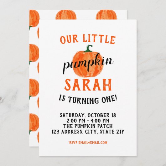 Onze uitnodiging van de kleine pomkin Birthday (Voorkant / Achterkant)
