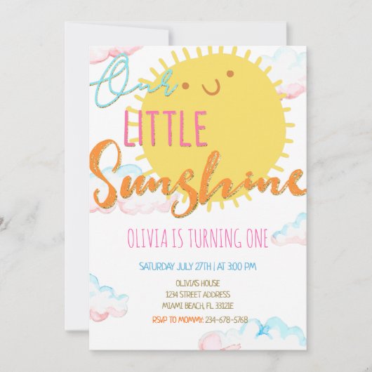 Onze uitnodiging voor de 'Little Sunshine Birthday (Voorkant)