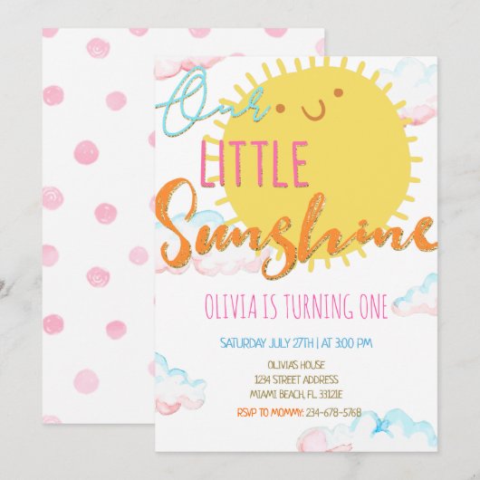 Onze uitnodiging voor de 'Little Sunshine Birthday (Voorkant / Achterkant)