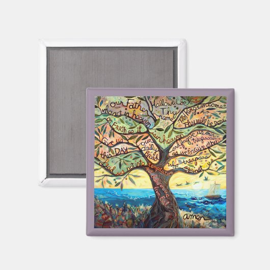 Onze Vader Gebed in een Olijfboom Vierkante Magnee Magneet (Voorkant / Achterkant)