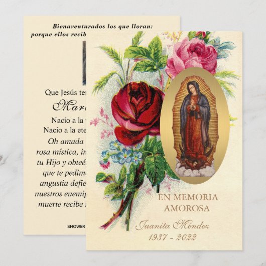 Onze Vrouwe van Guadalupe Spaanse begrafenis Heili Kaart (Voorkant / Achterkant)