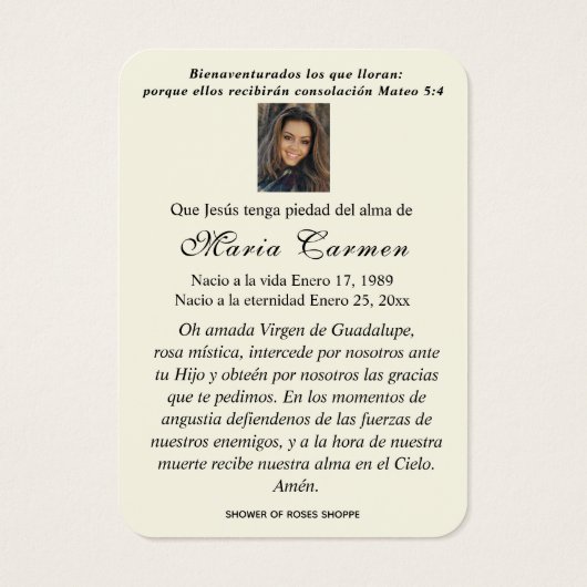 Onze Vrouwe van Guadalupe Spaanse begrafenis Heili Visitekaartje (Achterkant)