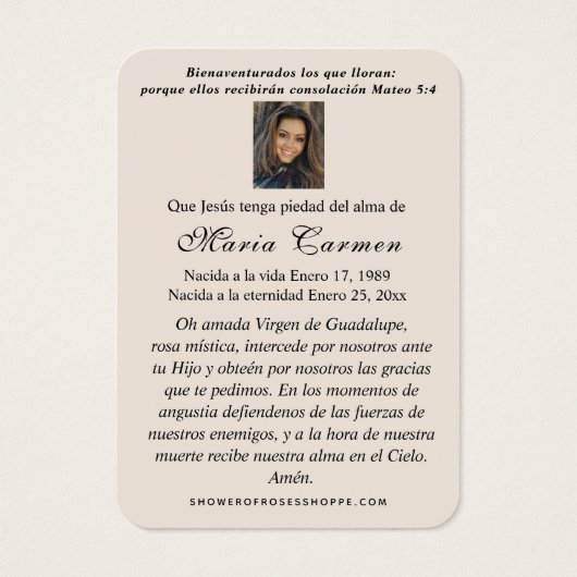 Onze Vrouwe van Guadalupe Spaanse begrafenis Heili Visitekaartje (Achterkant)