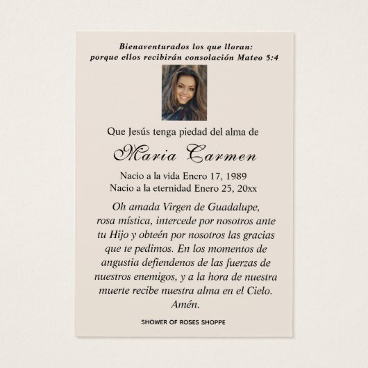 Onze Vrouwe van Guadalupe Spaanse begrafenis Heili Visitekaartje (Achterkant)