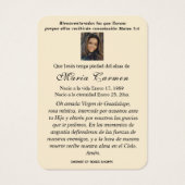 Onze Vrouwe van Guadalupe Spaanse begrafenis Heili Visitekaartje (Achterkant)