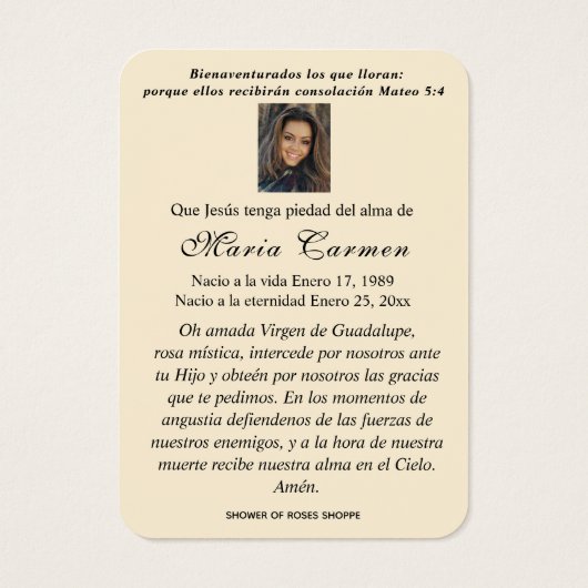 Onze Vrouwe van Guadalupe Spaanse begrafenis Heili Visitekaartje (Achterkant)