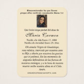 Onze Vrouwe van Guadalupe Spaanse begrafenis Heili Visitekaartje (Achterkant)