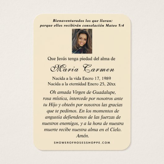 Onze Vrouwe van Guadalupe Spaanse begrafenis Heili Visitekaartje (Achterkant)