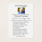 Onze Vrouwe van Guadalupe Spaanse begrafenis Heili Visitekaartje (Achterkant)