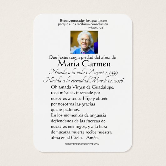 Onze Vrouwe van Guadalupe Spaanse begrafenis Heili Visitekaartje (Achterkant)