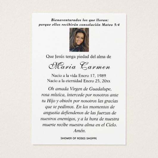 Onze Vrouwe van Guadalupe Spaanse begrafenis Heili Visitekaartje (Achterkant)