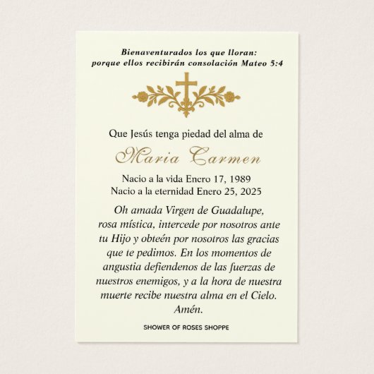 Onze Vrouwe van Guadalupe Spaanse begrafenis Heili Visitekaartje (Achterkant)