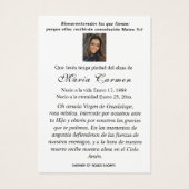 Onze Vrouwe van Guadalupe Spaanse begrafenis Heili Visitekaartje (Achterkant)