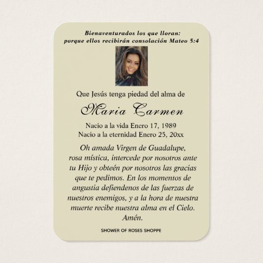 Onze Vrouwe van Guadalupe Spaanse begrafenis Heili Visitekaartje (Achterkant)