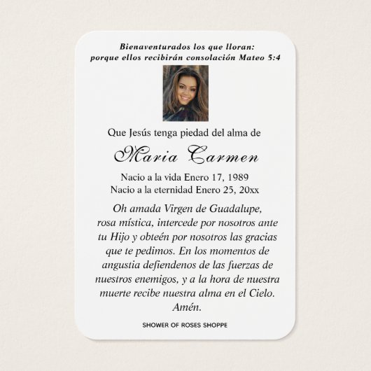 Onze Vrouwe van Guadalupe Spaanse begrafenis Heili Visitekaartje (Achterkant)