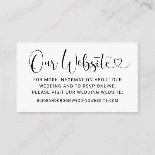 Onze website Modern Black Heart Script Weduwen Informatiekaartje (Voorkant)