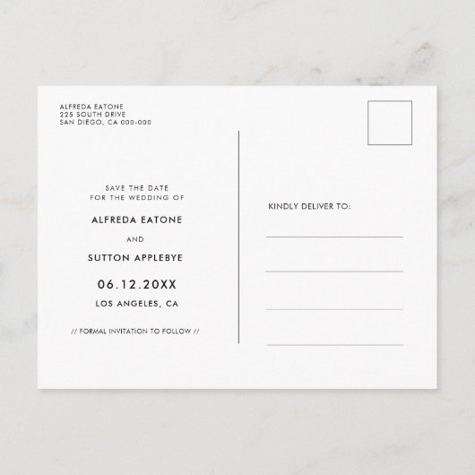 Onze weg begint hier met een minimalistische foto aankondigingskaart (Achterkant)