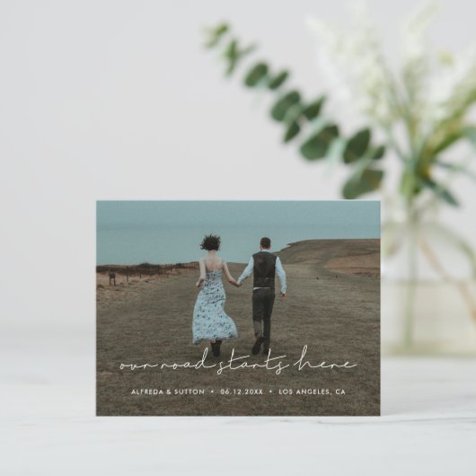 Onze weg begint hier met een minimalistische foto aankondigingskaart (Staand voorkant)