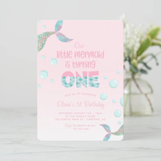 Onze zeemeermin is één roze 1ste verjaardag kaart (Staand voorkant)