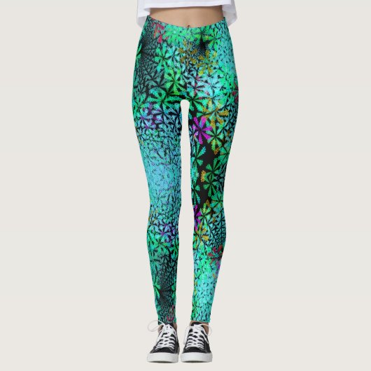 Oog catcher! Fractal bloemen in koele kleuren - Leggings (Voorkant)